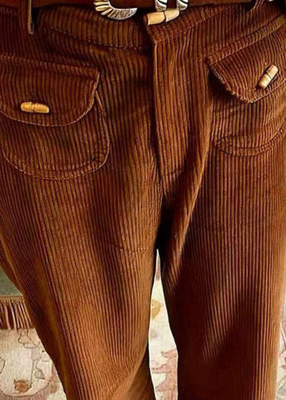 Brown Pockets High Waist Corduroy Pants Spring