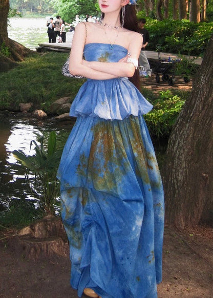 Sea Blue Cold Shoulder Tie Dye Two Pieces Set Summer