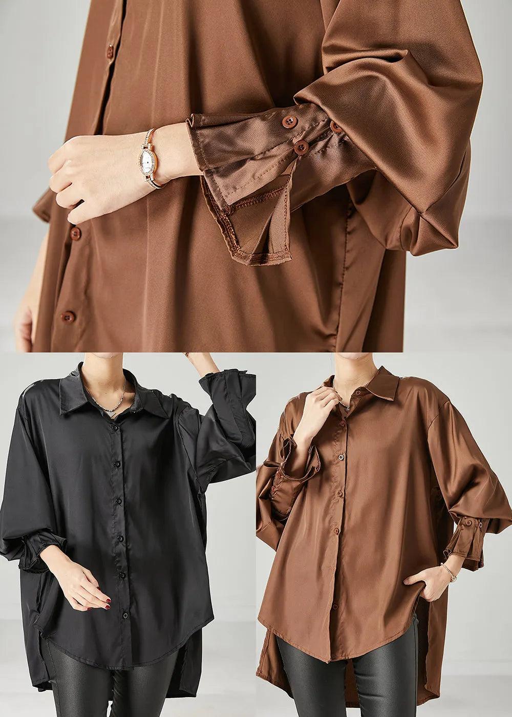 Black Oversized Draping Chiffon Blouses Spring