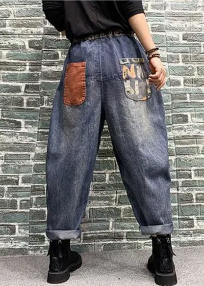 Blue Pockets Patchwork Print Denim Harem Pants Spring