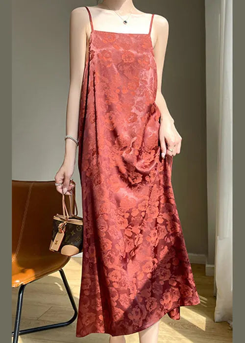 Red Print Pockets Silk Spaghetti Strap Dress Sleeveless