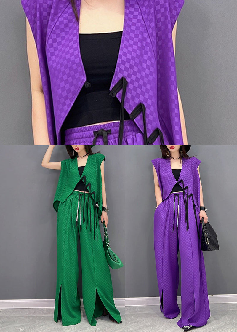 Classy Green Plaid Side Open Chiffon Vest and Wide Leg Pants Two Piece Set Outfits Summer