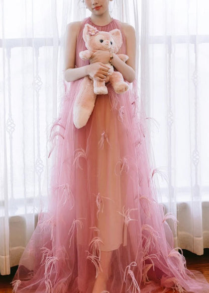Style Pink Tasseled Patchwork Tulle Robe Dresses Sleeveless
