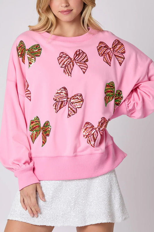 Christmas Bow Sequin Loose Casual Long-Sleeve Sweatshirt