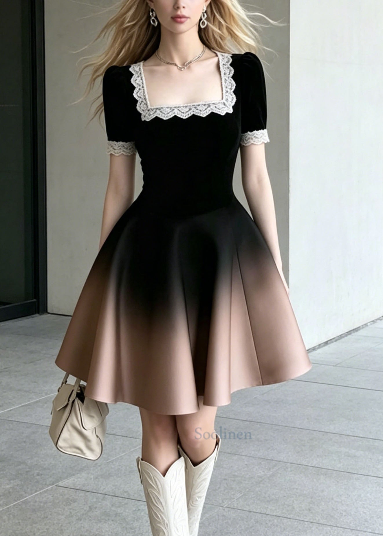 Gradient Color Square Collar Lace Patchwork Cotton Dress Summer