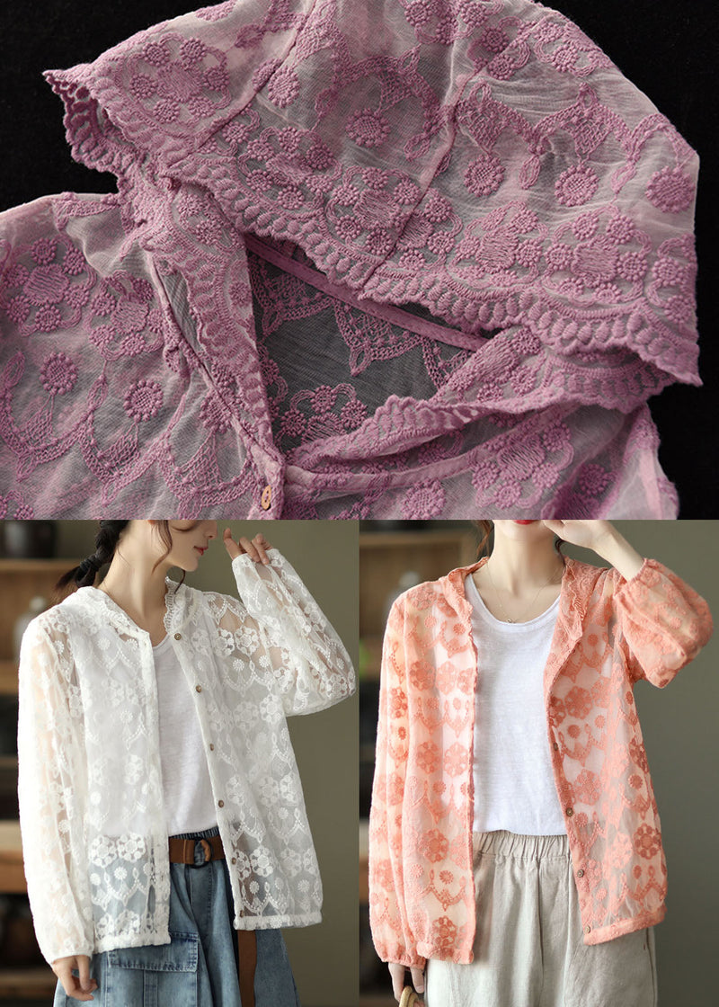 Loose Pink Embroideried Patchwork Lace Cardigans Long Sleeve