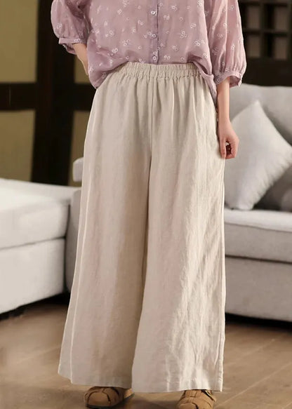 Beige Pockets Loose Linen Wide Leg Pants Elastic Waist Summer