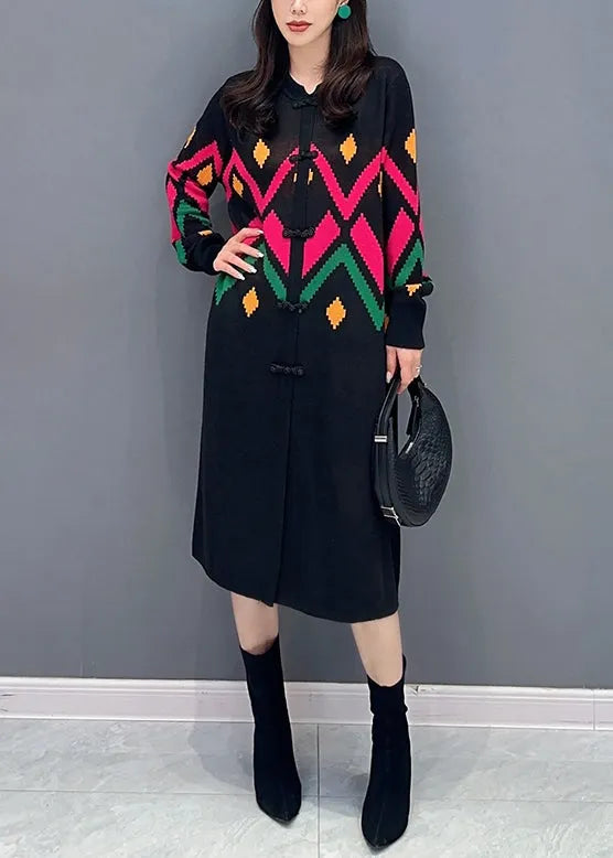 Loose Black O-neck Button Patchwork Knit Dress Fall