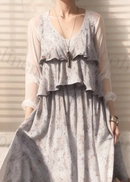 Apricot Print False Two Pieces Cotton Maxi Dresses Long Sleeve