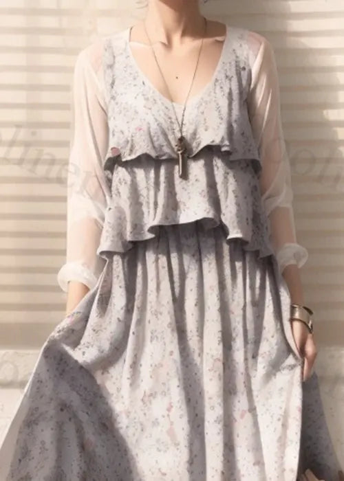 Apricot Print False Two Pieces Cotton Maxi Dresses Long Sleeve