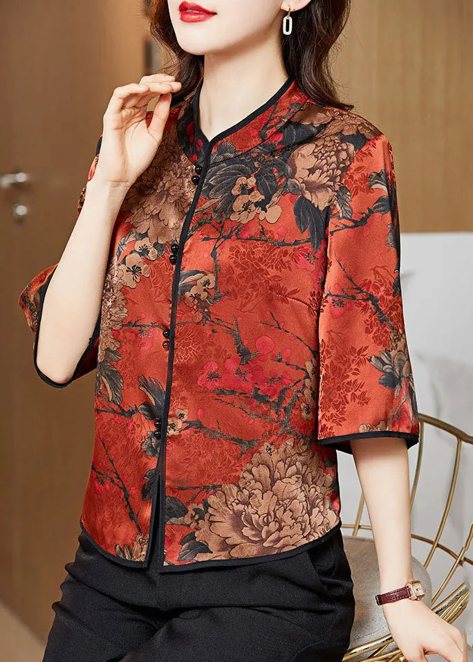 White Geometry Mandarin Collar Print Silk Shirt Tops Half Sleeve