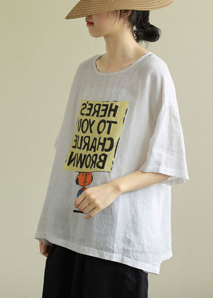 Style White Loose O-neck Print Fall T-shirt Half Sleeve