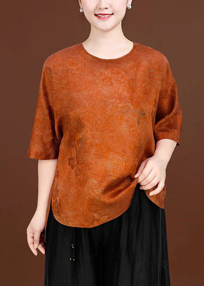 Jacquard Orange O-neck Low High Design Silk T Shirts Summer