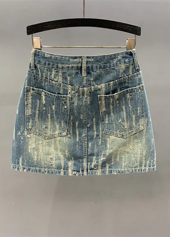 Denim Blue Pockets Patchwork High Waist Cotton a Line Skirt