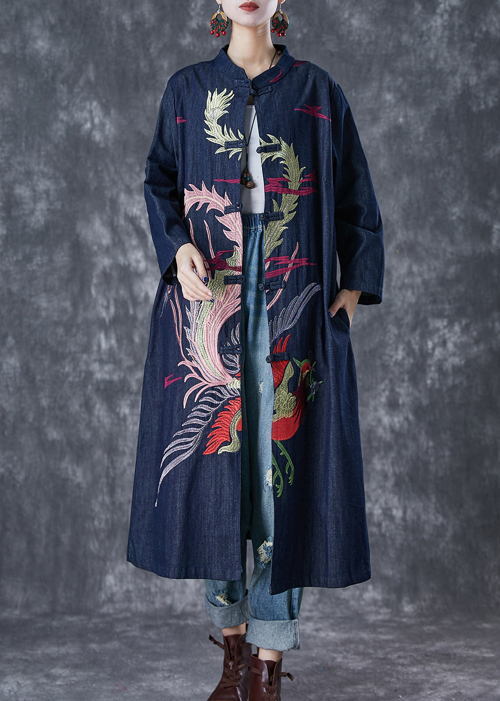 Navy Phoenix Embroideried Chinese Button Denim Trench Fall