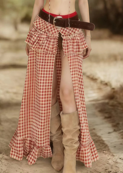 Pink Plaid Side Open Cotton Two Pieces Set Summer