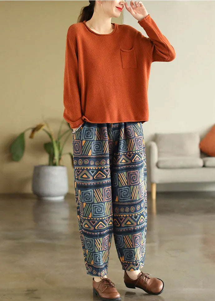 Blue Elastic Waist Pockets Print Cotton Denim Harem Pants Fall