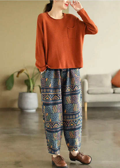 Blue Elastic Waist Pockets Print Cotton Denim Harem Pants Fall