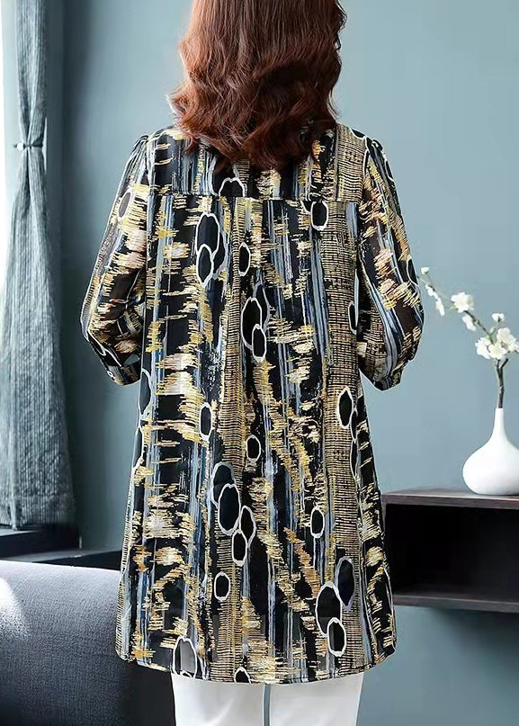French Colorblock Button Peter Pan Collar Button Long Chiffon Top Half Sleeve