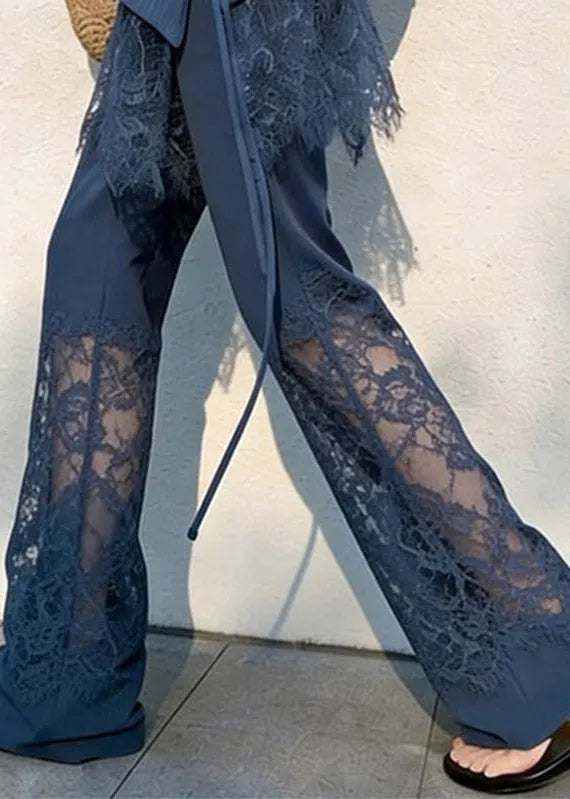 Fitted Navy Straight Pants Lace Patchwork Summer