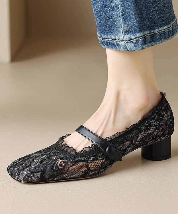 New Mesh Lace Hollow Out Chunky Heel Penny Loafers