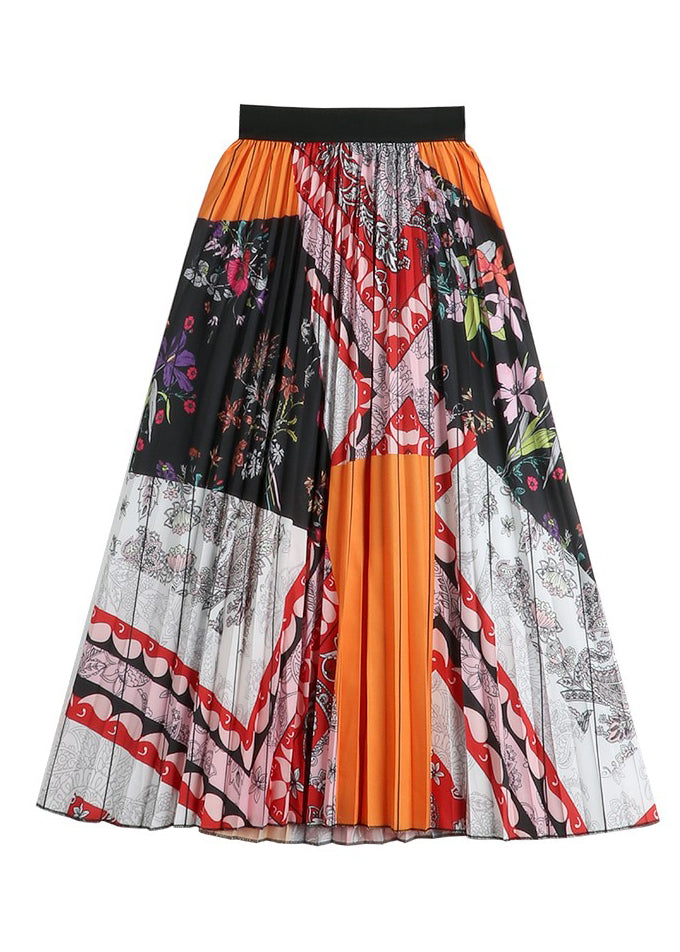 Blue Print Wrinkled Elastic Waist Chiffon Skirts Summer