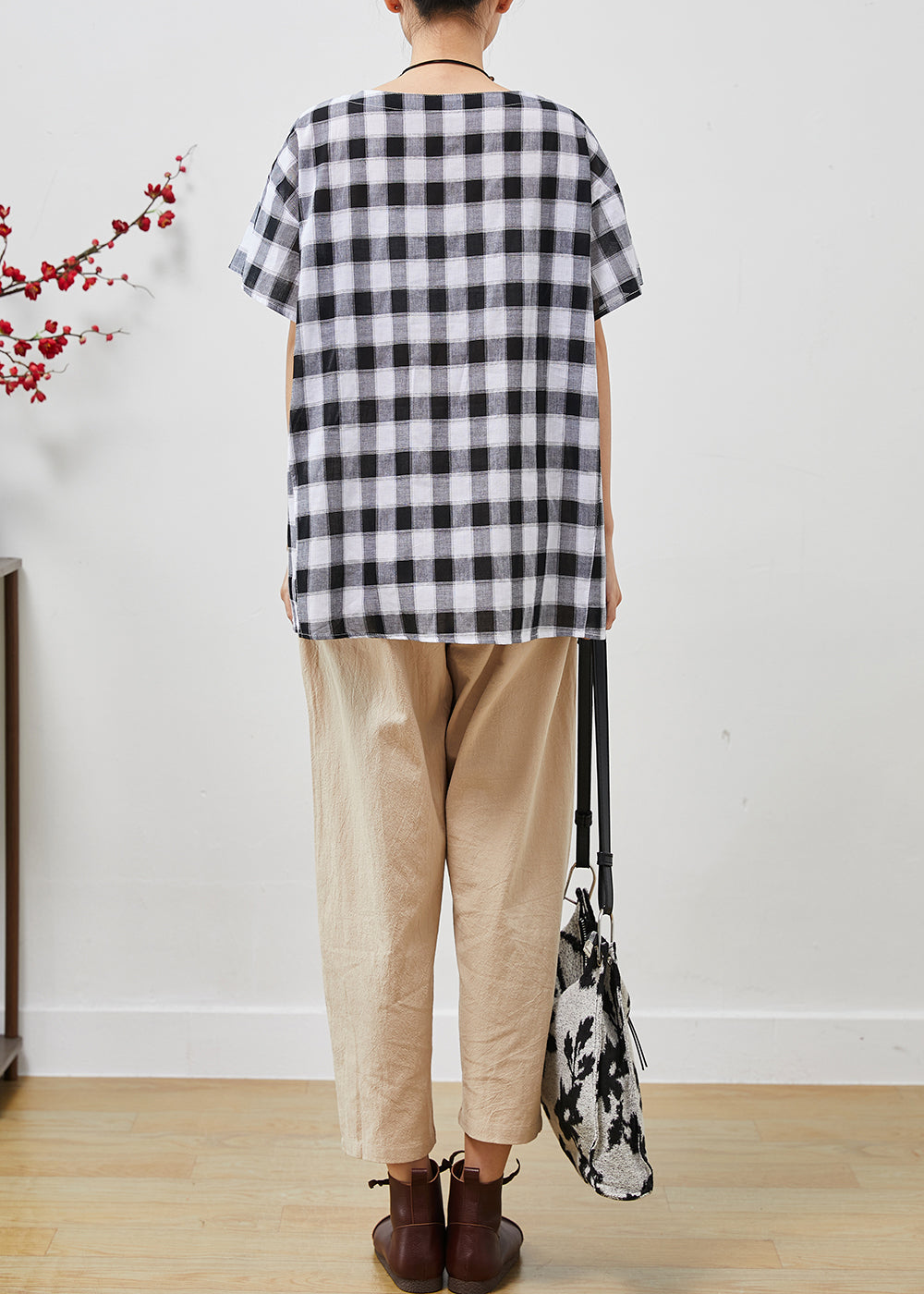 Grey Oversized Plaid Linen Two Piece Set Clothing Summer