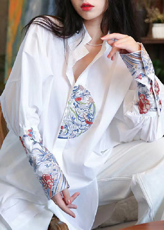 Handmade White Stand Collar Embroidered Cotton Shirts Top Spring
