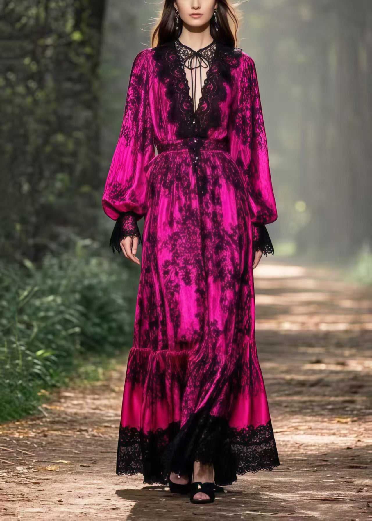 Rose V Neck Patchwork Lace Maxi Dress Lantern Sleeve