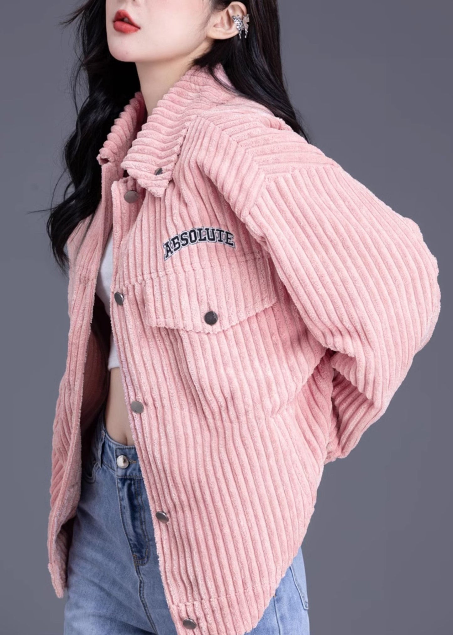 Pink Peter Pan Collar Pockets Loose Corduroy Coat Spring