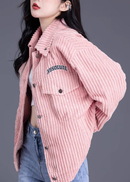 Pink Peter Pan Collar Pockets Loose Corduroy Coat Spring