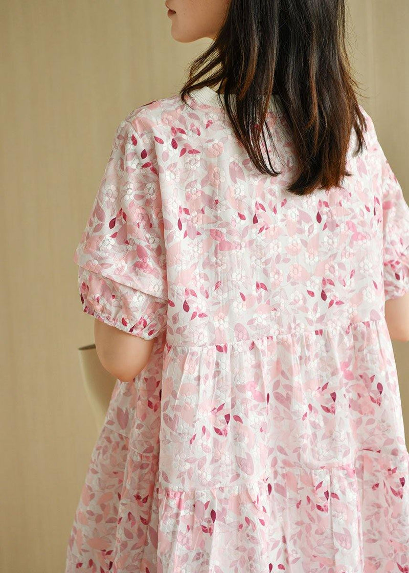 Pink Puff Sleeve Print Summer Cotton Dresses