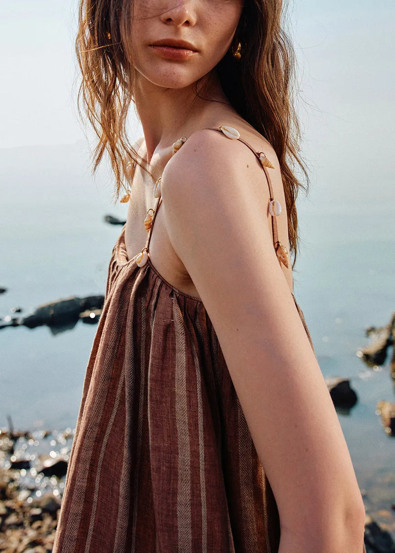 Striped Coffee O Neck Shell Pockets Linen Spaghetti Strap Dress Sleeveless
