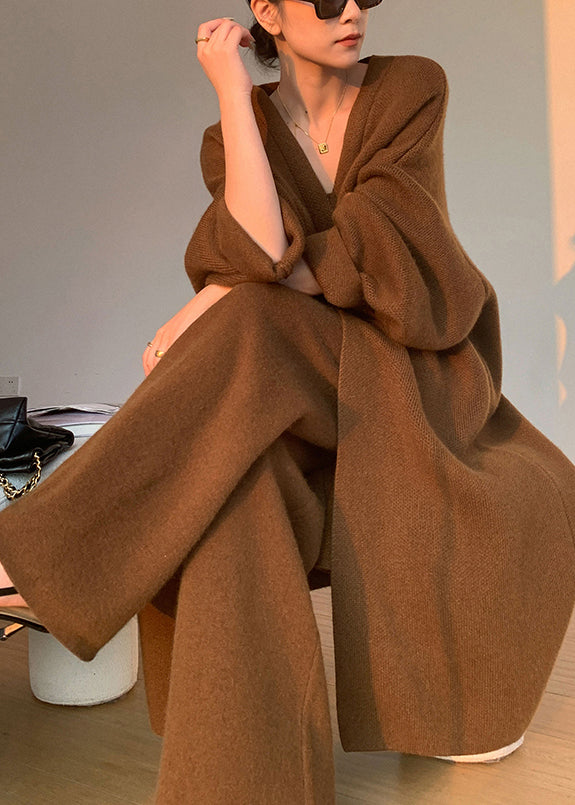 Caramel V Neck Asymmetrical Patchwork Knit Three Pieces Set Fall