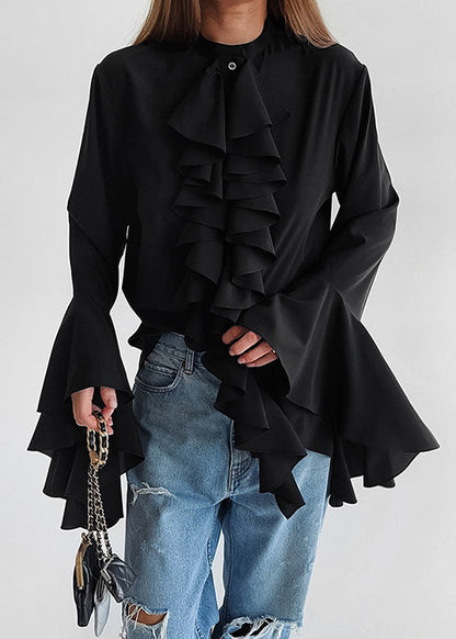 French White Ruffled Patchwork Chiffon Shirts Top Fall