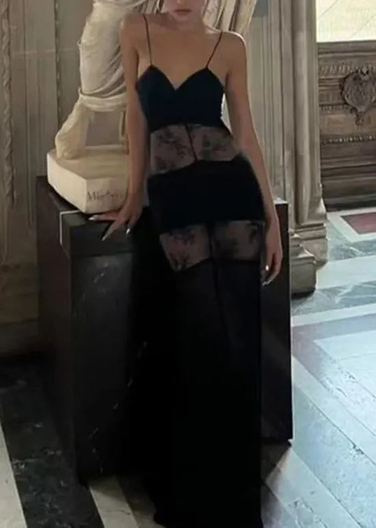 Boutique Black Lace Patchwork Silk Spaghetti Strap Dress Summer