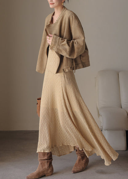 Handmade Khaki U Neck Maxi Dress Spring