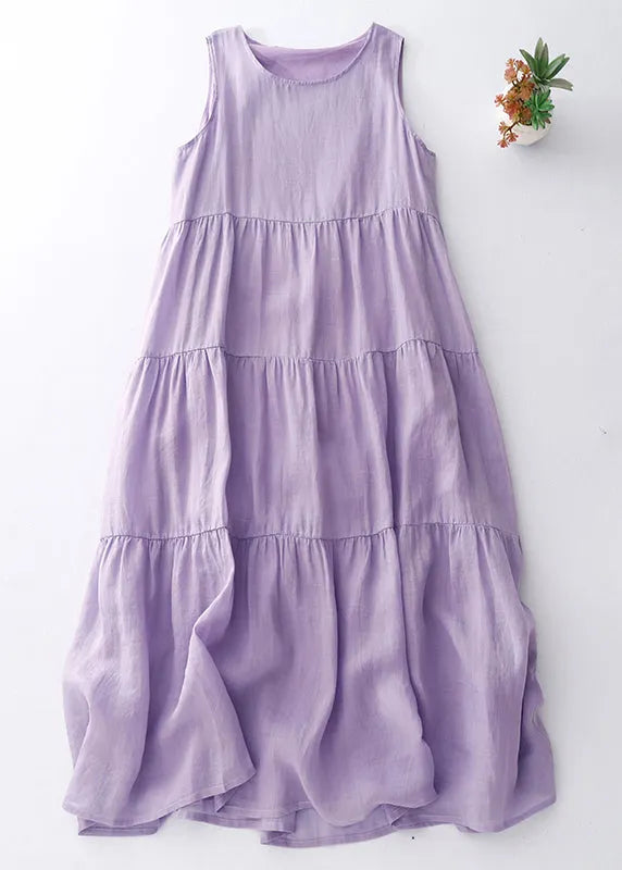 Simple Purple O-neck Cotton Long Dresses Sleeveless