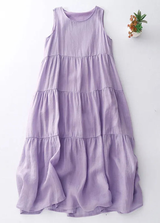Simple Purple O-neck Cotton Long Dresses Sleeveless