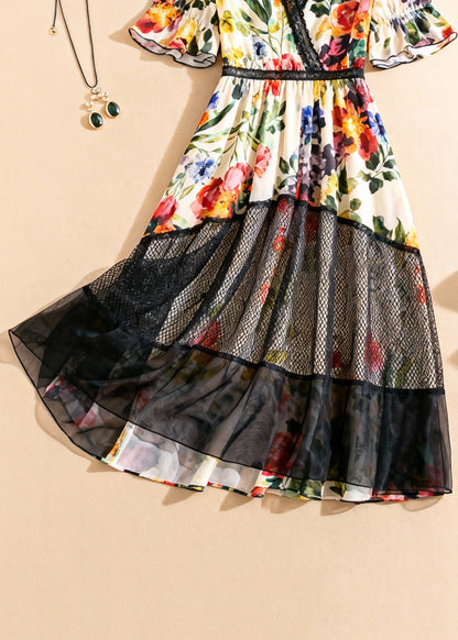 V Neck Print Tulle Patchwork Long Dress Summer