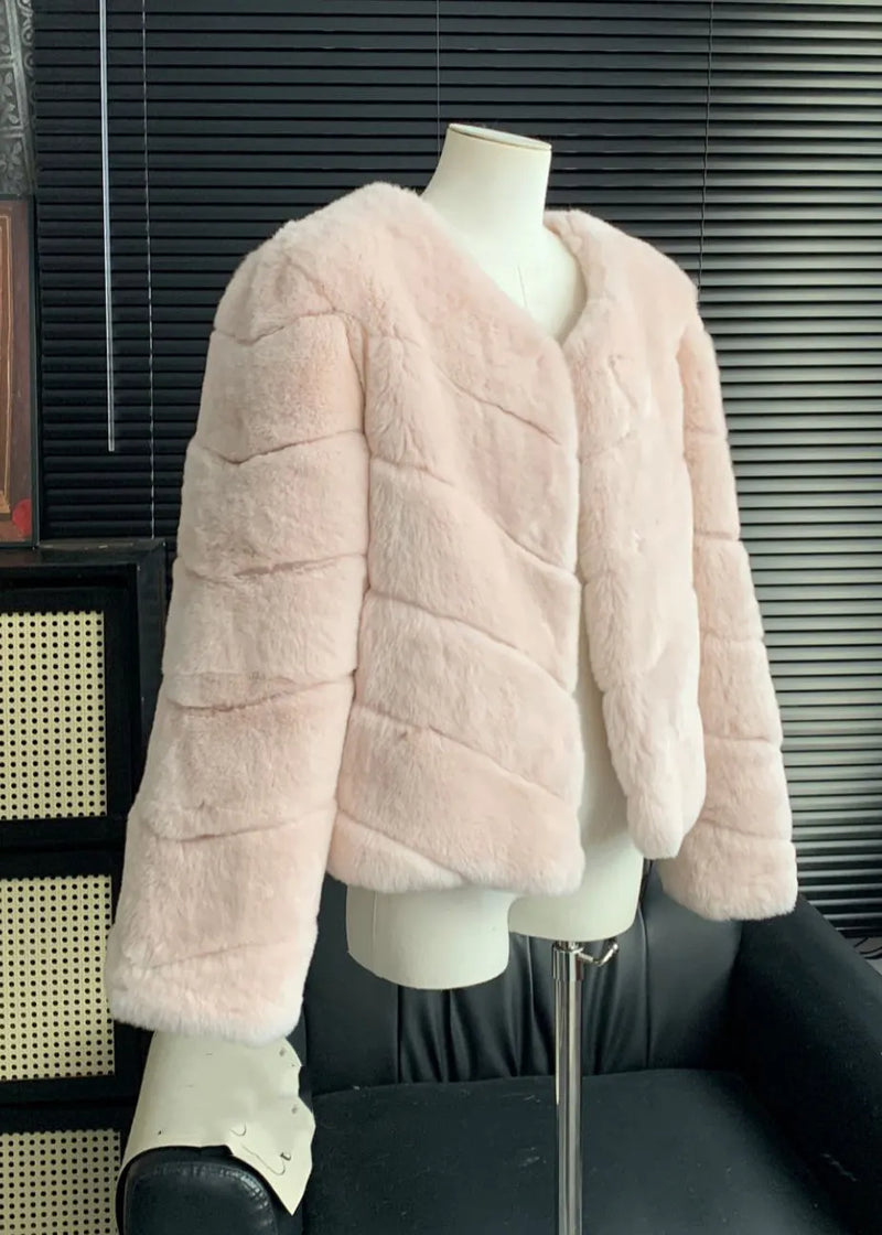 Style Pink V Neck Striped Leather and Fur Coats Winter