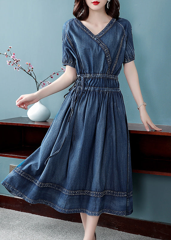 Blue Cinched V Neck Cotton Denim Dress Short Sleeve