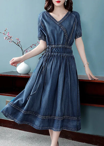 Blue Cinched V Neck Cotton Denim Dress Short Sleeve