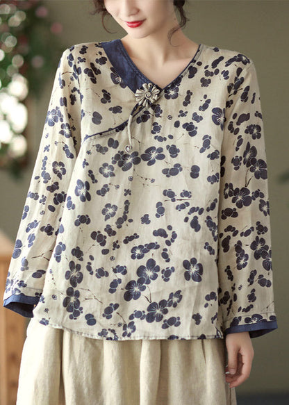 Navy Linen Tops Long Sleeve
