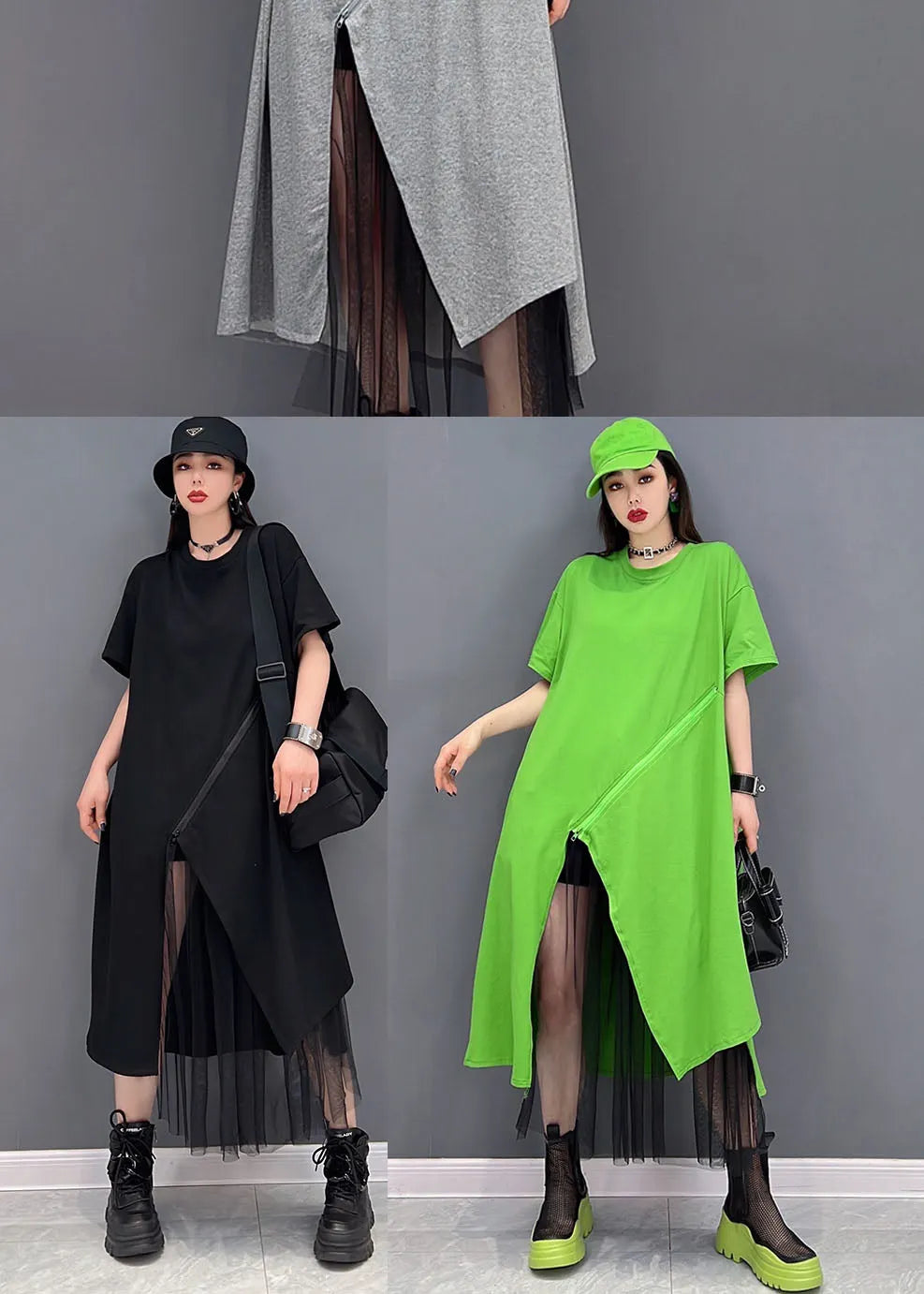 Green Asymmetrical Design Cotton Pullover Dress Short Sleeve