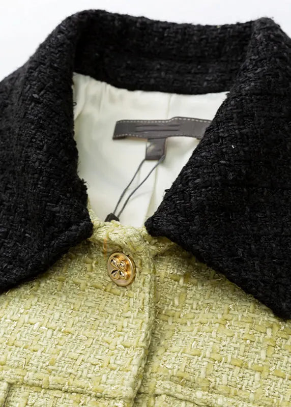 Organic Green Square Collar Patchwork Woolen Coat Long Sleeve