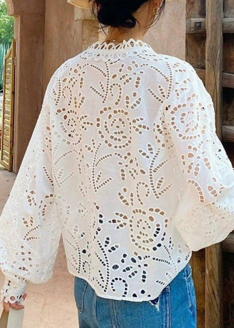 White Oversized Hollow Out Cotton Top Fall