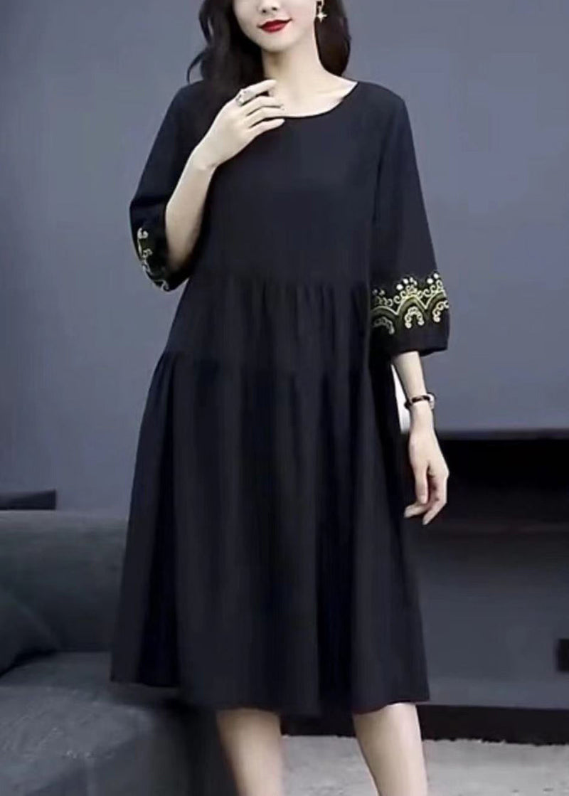 Loose Navy O-neck Embroidered Cotton Dresses Bracelet Sleeve Summer