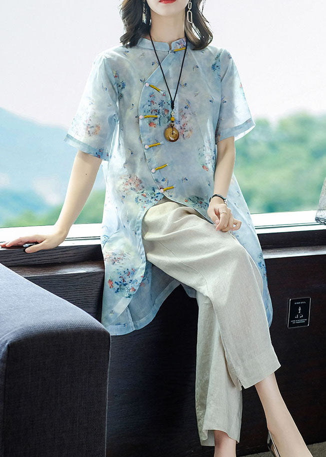 Light Blue Mandarin Collar Asymmetrical Design Print Linen Tops and Pants 2 Piece Outfit Summer