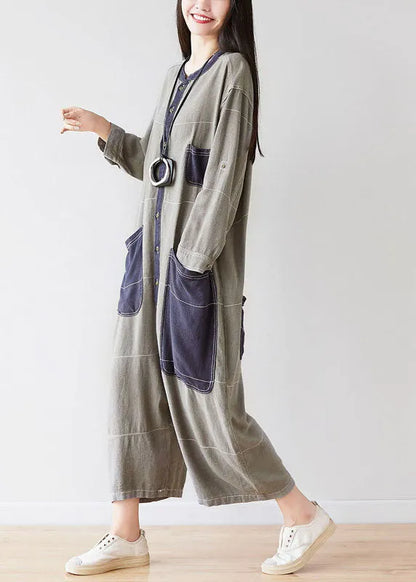 Style O-neck Grey Pockets Patchwork Jumpsuits Spring
